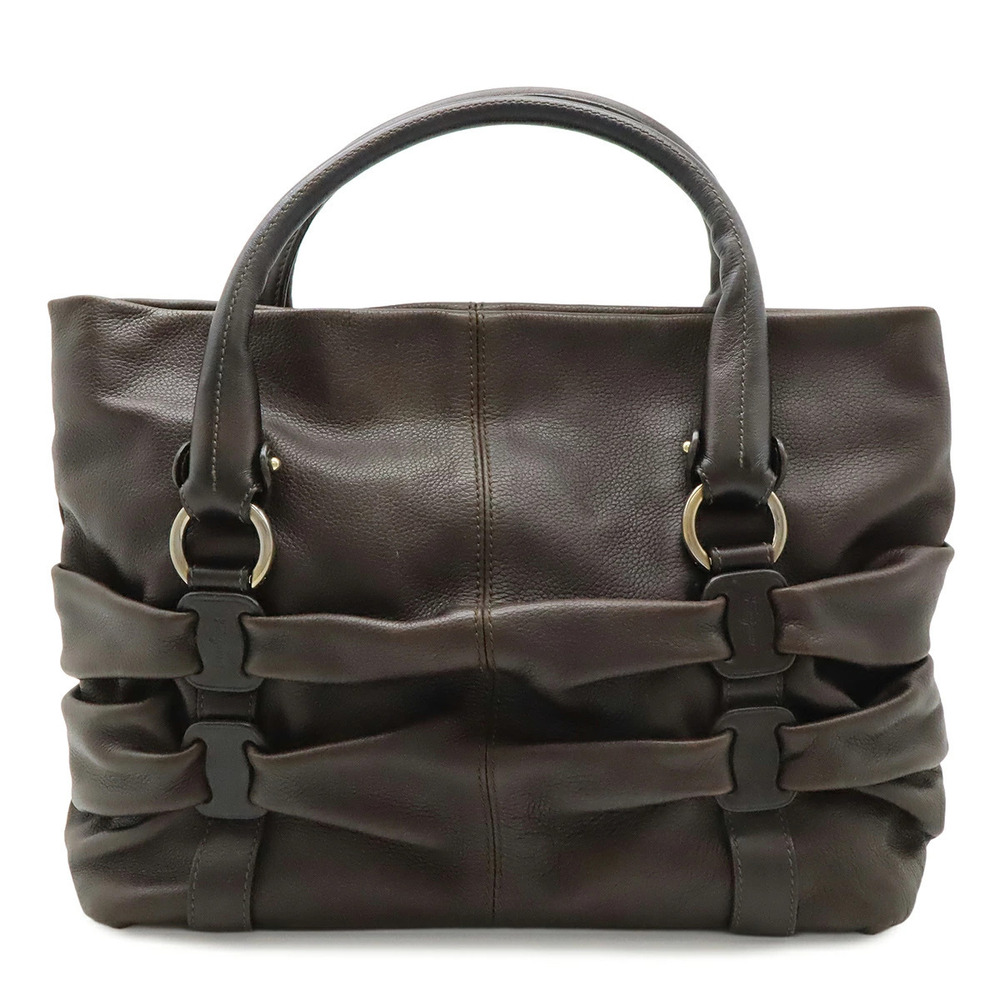 Salvatore Ferragamo Vara Drape Handbag Tote Bag Leather Dark Brown